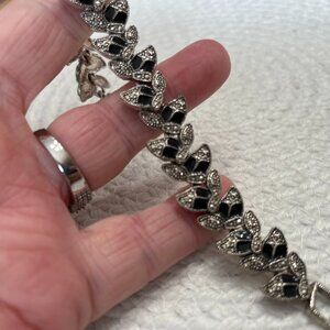 Antiqued Silver-Tone with BLACK ENAMEL & RHINESTONES Marcasite Bracelet #988D